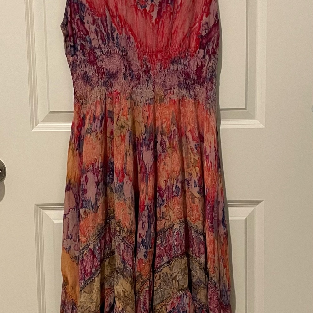 Tie Dye Boho Sleeveless scrunched embroidered Handkerchief Hippie halter Dress
